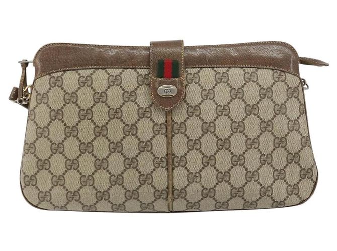 Borsa a Spalla Gucci GG Supreme Web Sherry Line PVC Beige Oro Auth 158405 D'oro - vista 13