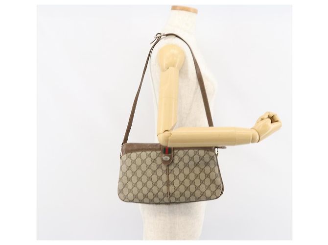 Borsa a Spalla Gucci GG Supreme Web Sherry Line PVC Beige Oro Auth 158405 D'oro - vista 23
