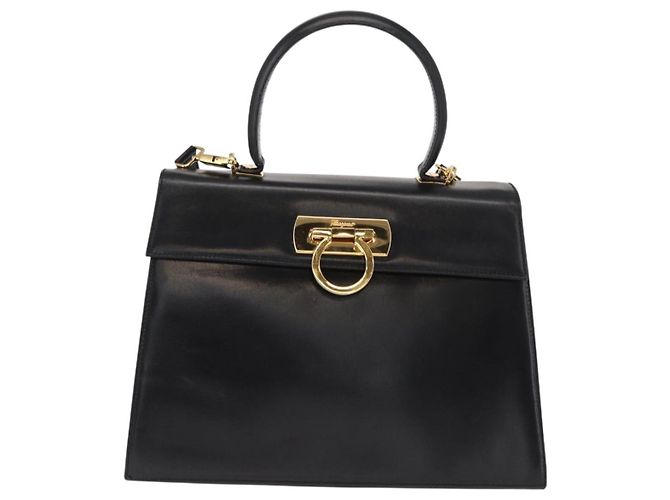 Borsa a mano in pelle Gancini Salvatore Ferragamo 2 in 1 Nero Oro Auth gh1484 - vista 13