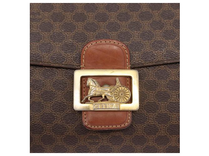 Céline Borsa in tela Macadam Celine con motivo carrozza in pelle PVC marrone e oro Auth 159345 D'oro - vista 18