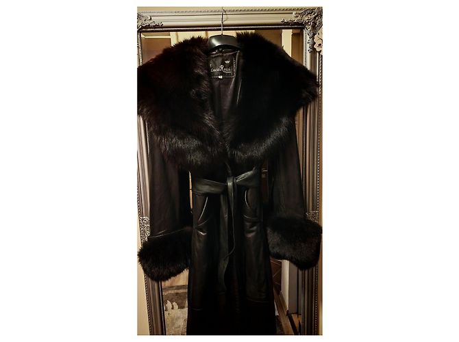Autre Marque Abrigo largo de cuero negro Lucia Rossi con cuello de piel - vista 2