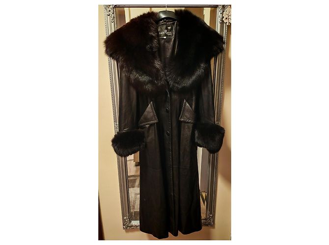 Autre Marque Abrigo largo de cuero negro Lucia Rossi con cuello de piel - vista 3