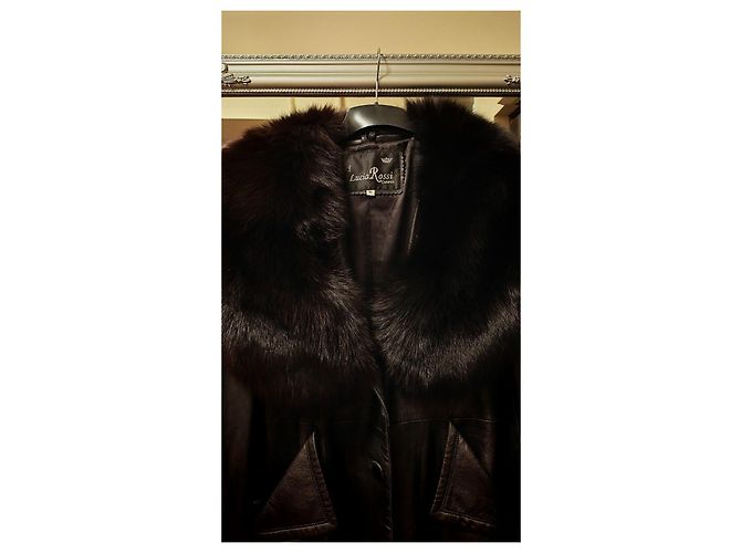 Autre Marque Abrigo largo de cuero negro Lucia Rossi con cuello de piel - vista 7