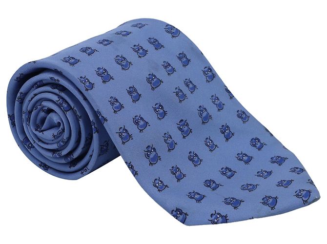 Cravatta in seta blu con stampa di gufo Hermès - vista 2