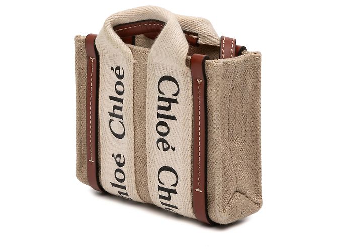 Bolsa Woody Nano em lona marrom Chloé Bege - vista 2