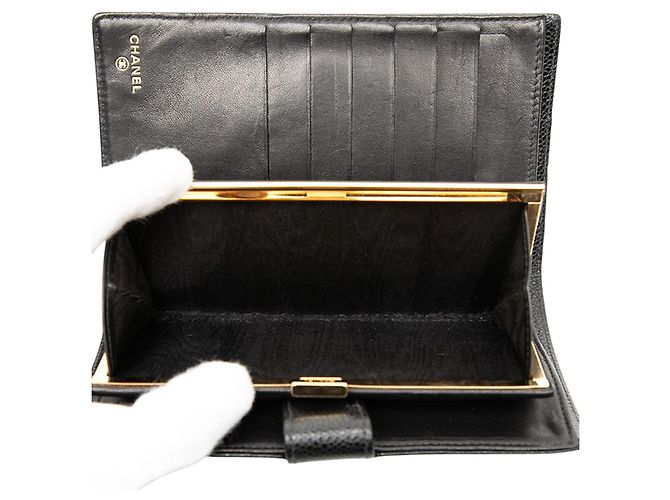 Chanel – Cartera bifold francesa larga CC en cuero Caviar negro - vista 5