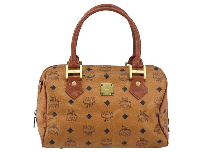 MCM Vicetos Logogram Borsa a Mano PVC Pelle Marrone Oro Auth gh1458 D'oro - vista 13