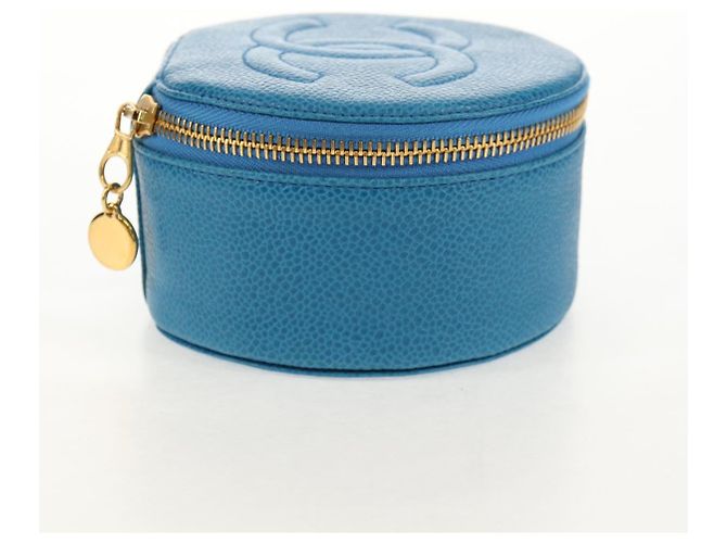 Boîte à bijoux CHANEL COCO Marque Étui Bijoux Cuir Caviar Bleu Or CC Auth 152911V Doré - vue 5