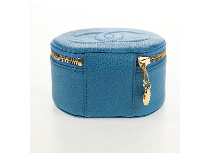 Boîte à bijoux CHANEL COCO Marque Étui Bijoux Cuir Caviar Bleu Or CC Auth 152911V Doré - vue 7