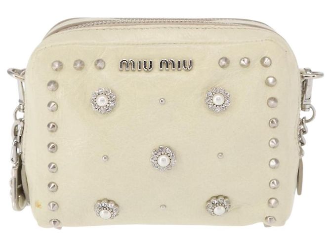 Borsa a spalla in pelle Miu Miu con catena crema argento Auth yk19775 Crudo - vista 2