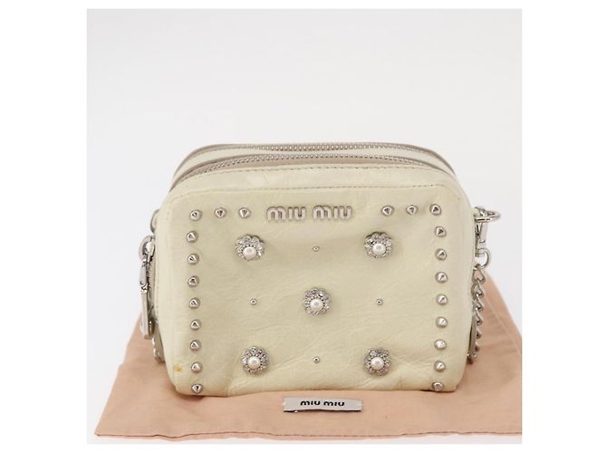 Borsa a spalla in pelle Miu Miu con catena crema argento Auth yk19775 Crudo - vista 23