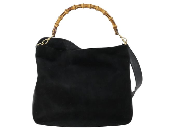 Bamboo GUCCI Schultertasche aus Wildleder 2 in 1 Schwarz Gold 001 2113 1577 Auth 151562 Golden - Ansicht 2