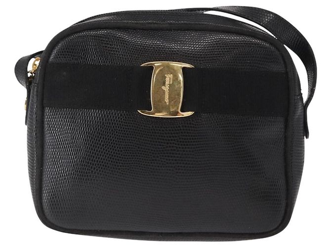 Borsa a Spalla Vala in Pelle Nera e Oro Salvatore Ferragamo Auth gh1483 - vista 13
