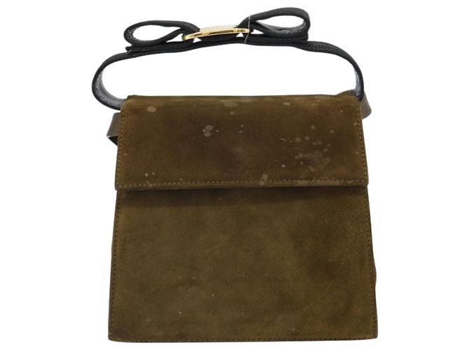 Borsa a Spalla Salvatore Ferragamo Vala in Pelle Scamosciata 2 in 1 Verde Oro Auth BA9381 - vista 13