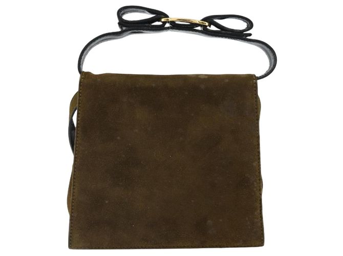 Borsa a Spalla Salvatore Ferragamo Vala in Pelle Scamosciata 2 in 1 Verde Oro Auth BA9381 - vista 2