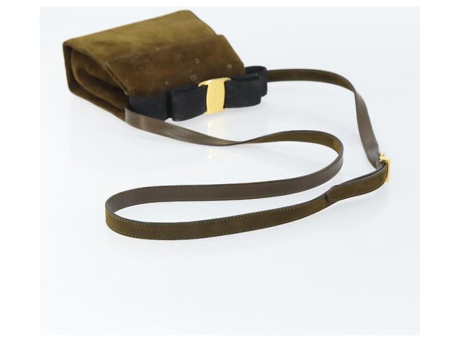 Borsa a Spalla Salvatore Ferragamo Vala in Pelle Scamosciata 2 in 1 Verde Oro Auth BA9381 - vista 9