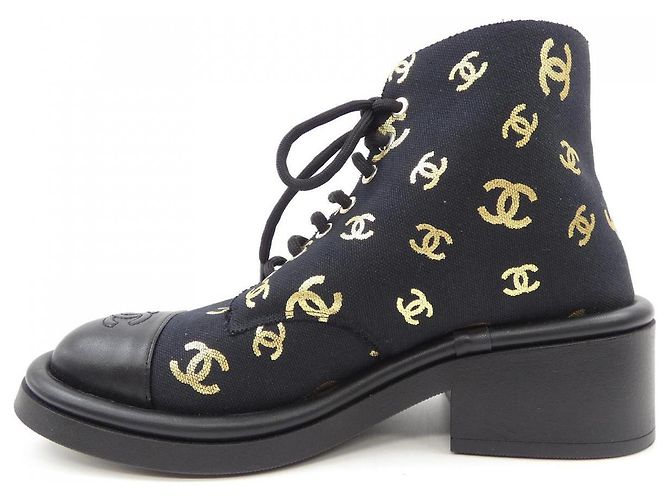Chanel Print Fabric Lammfell-Shearling-Stiefel Schwarz Golden - Ansicht 2
