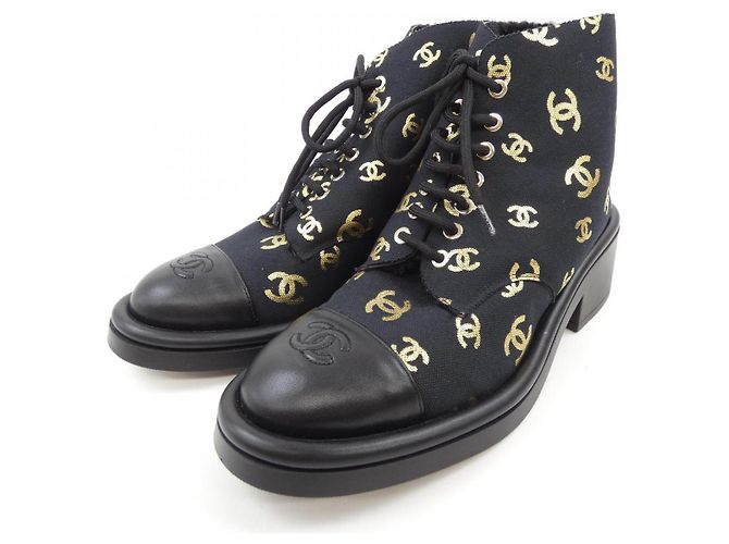 Chanel Print Fabric Lammfell-Shearling-Stiefel Schwarz Golden - Ansicht 3