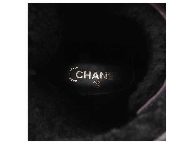 Chanel Print Fabric Lammfell-Shearling-Stiefel Schwarz Golden - Ansicht 6