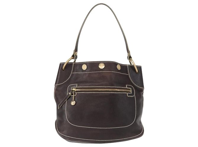 Céline Bolso de Hombro CELINE de Cuero Marrón Oscuro Dorado Auth 161102 - vista 2