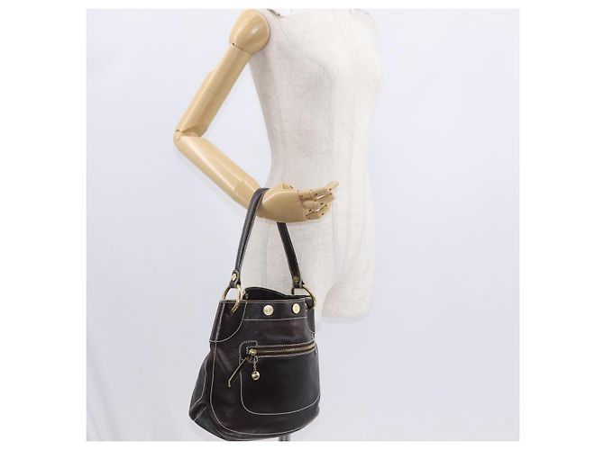 Céline Bolso de Hombro CELINE de Cuero Marrón Oscuro Dorado Auth 161102 - vista 24