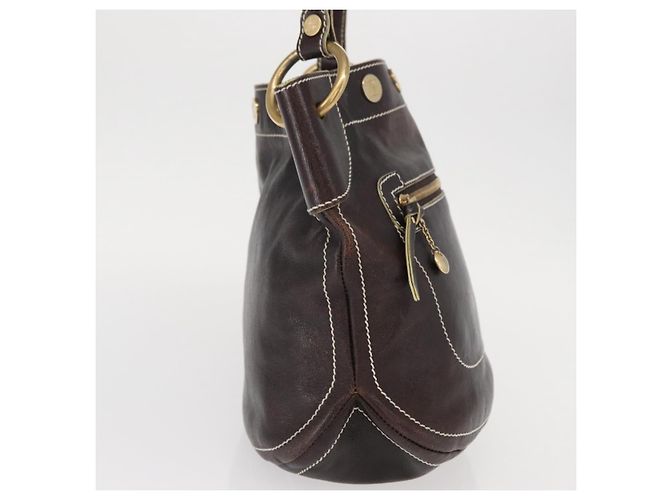 Céline Bolso de Hombro CELINE de Cuero Marrón Oscuro Dorado Auth 161102 - vista 5