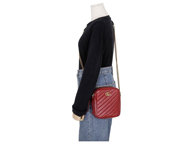Gucci Borsa a tracolla incrociata GG Marmont con catena Rosso - vista 8
