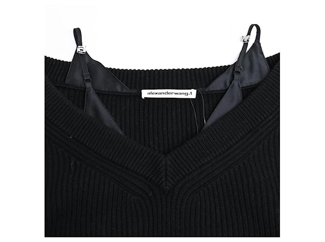 T By Alexander Wang Alexander Wang T. Off-Shoulder Schichtpullover aus schwarzer Baumwolle - Ansicht 5