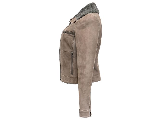 Theory Jaqueta com zíper em camurça marrom com forro de shearling e bolsos Vermelho - vista 2