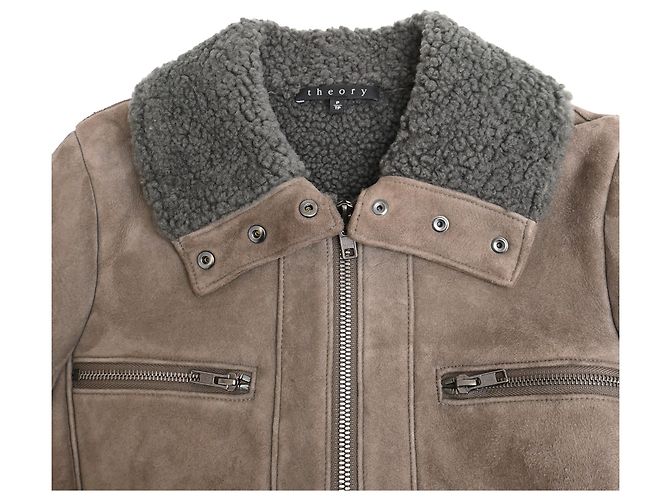 Theory Jaqueta com zíper em camurça marrom com forro de shearling e bolsos Vermelho - vista 5