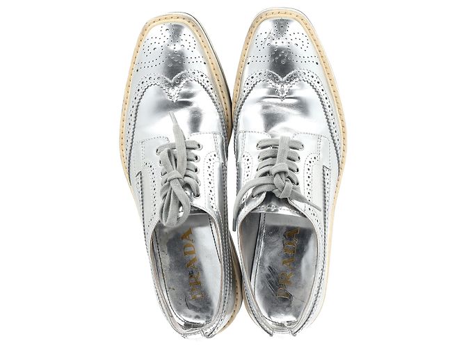 Sneakers Oxford a piattaforma in pelle argento metallico Prada Wingtip - vista 3