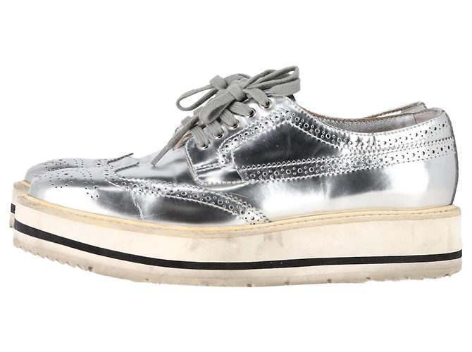 Sneakers Oxford a piattaforma in pelle argento metallico Prada Wingtip - vista 4