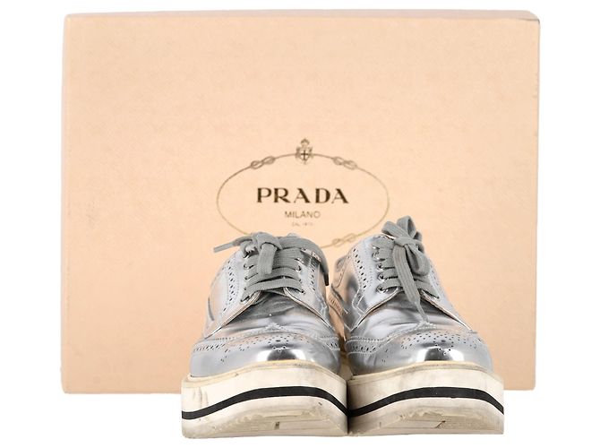 Sneakers Oxford a piattaforma in pelle argento metallico Prada Wingtip - vista 7