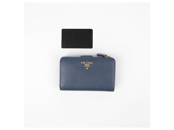 Saffiano Prada Billetera compacta con logo de metal Azul - vista 15