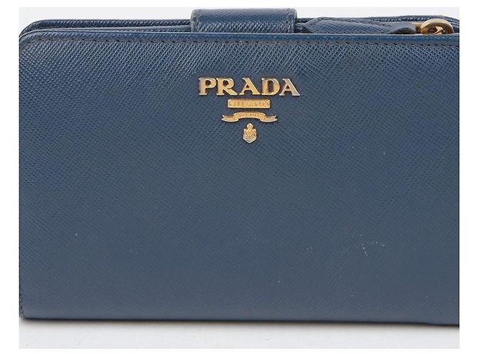 Saffiano Prada Billetera compacta con logo de metal Azul - vista 3