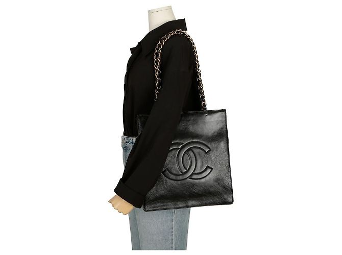 Chanel Borsa Shopper Tote con Logo CC da Spalla Nero - vista 10