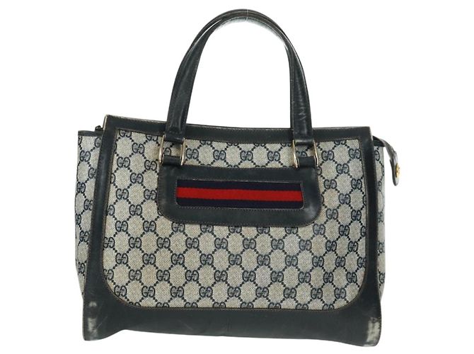 Bolsa de mão GUCCI GG Supreme Sherry Line PVC Marinho Ouro Auth 162954 Dourado Azul marinho - vista 2