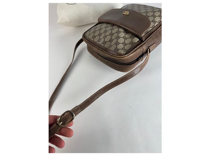 Vintage Gucci Monogramm Leder Schultertasche Grau / Braun - Ansicht 11
