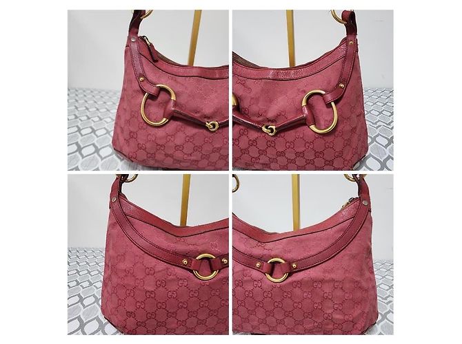 Borsa hobo Gucci GG in tela e pelle con morsetto rosa - vista 6