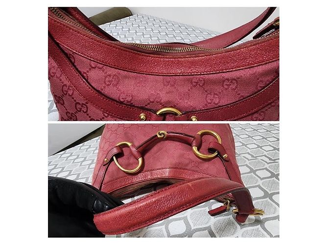 Borsa hobo Gucci GG in tela e pelle con morsetto rosa - vista 7