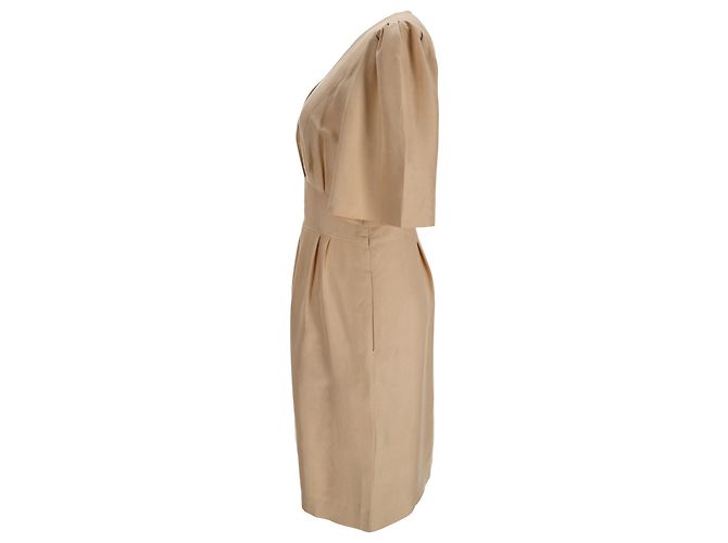 Chloé Midi-Kleid mit kurzen Ärmeln aus beigem Seidenstoff und V-Ausschnitt - Ansicht 2