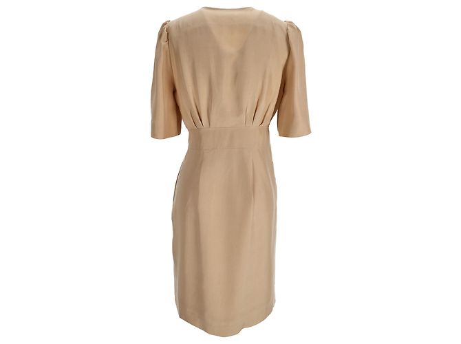 Chloé Midi-Kleid mit kurzen Ärmeln aus beigem Seidenstoff und V-Ausschnitt - Ansicht 3