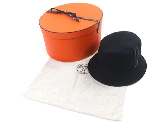 Cappello bucket in cotone Hermès Fred H Stripe58 Nero - vista 2