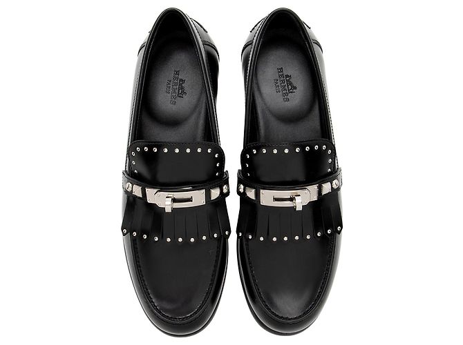 Hermès Kalbsleder Fransen Loafers mit Nieten - Größe 7 / 37 Schwarz - Ansicht 5