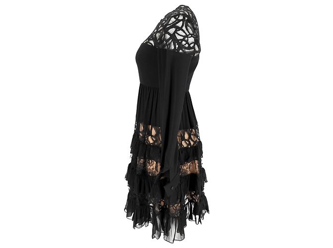 Abito mini a maniche lunghe in poliamide nera con pizzo di Elie Saab Nero - vista 2