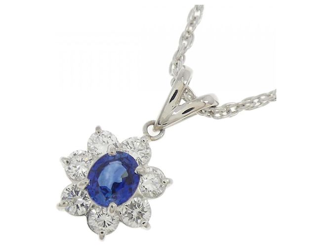 Autre Marque Platinblumen-Saphir-Diamant-Halskette Silber - Ansicht 3