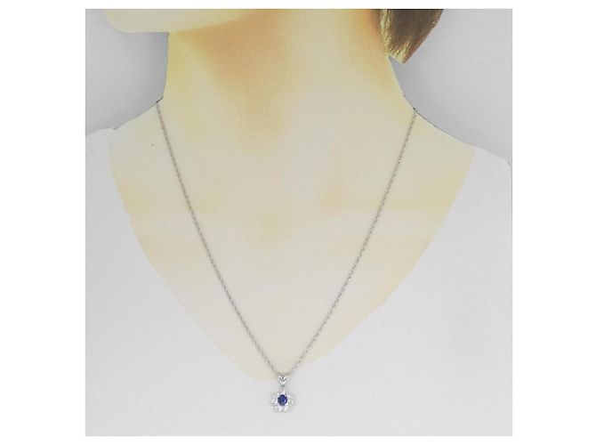 Autre Marque Platinblumen-Saphir-Diamant-Halskette Silber - Ansicht 6