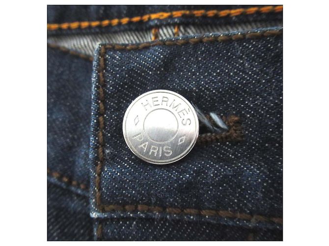 Calças de denim com patch de couro e botão Hermès Série 40 Azul - vista 6