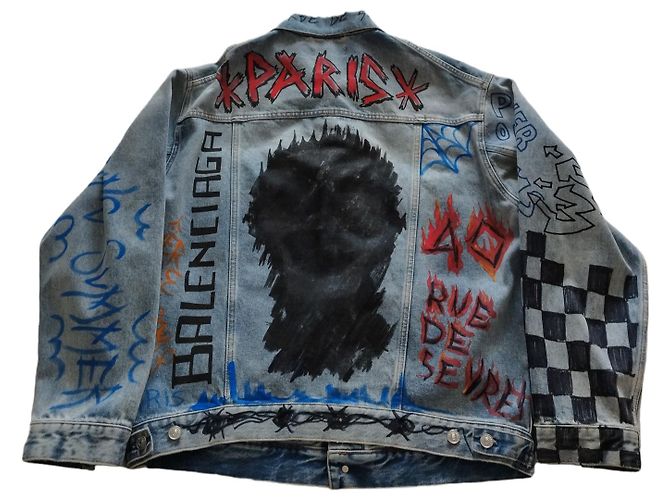 Balenciaga Denim Jacket with Graffiti Print - view 2