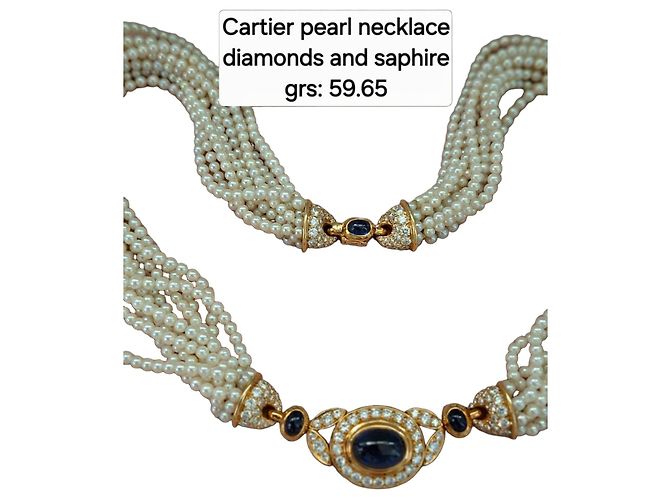 Cartier collana di perle con motivo centrale in zaffiri e circondato da brillanti Gold hardware - vista 2